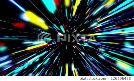 Abstract tunnel of a multicolor spectrum background. Bright rays of neon light and colorful glowing lines moving speed through the dark. 126396458