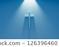 Glowing Cross 3d banner. Religion concept. Rays of light from above, blue background 126396460