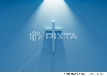 Glowing Cross 3d banner. Religion concept. Rays of light from above, blue background Glowing Cross 3d banner. Religion concept. Rays of light from above, blue background 126396460