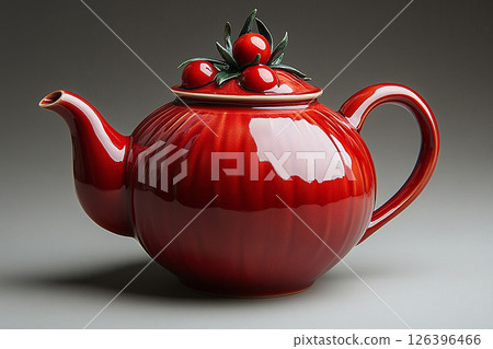 Ceramic teapot in shape of a red tomato in a classic style on a white background. 126396466
