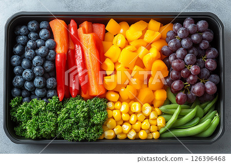 Lunch box in a gradient of colors: featuring red bell peppers, orange carrots, yellow corn, green beans, blueberries and purple grapes. 126396468