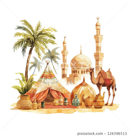 Desert landscape featuring traditional tents, palm trees, a camel, and mosque towers during daytime 126396513