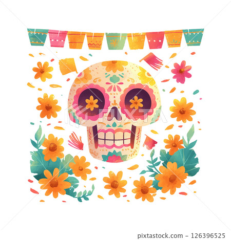 Colorful sugar skull surrounded by flowers and decorations for a festive celebration in a vibrant setting 126396525