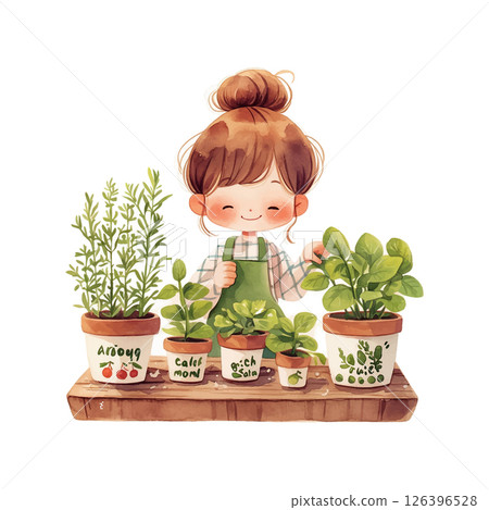 Young girl tending to herb plants in pots on a wooden shelf in a bright indoor garden 126396528