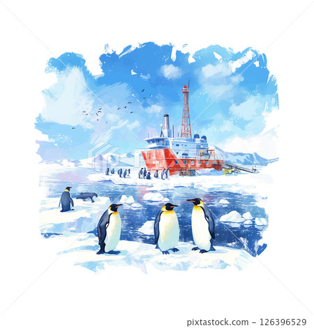 Penguins gather near research ship in the Arctic during a bright, clear day surrounded by ice and water 126396529