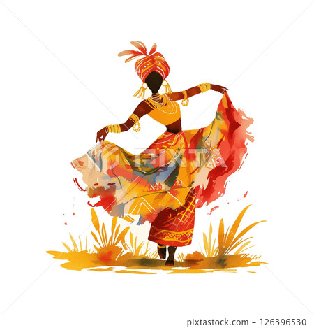 Colorful dancer in traditional attire performing in a vibrant celebration in an open field Colorful dancer in traditional attire performing in a vibrant celebration in an open field 126396530