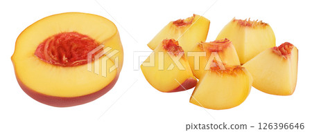 Ripe peach fruit half isolated on white background with full depth of field Ripe peach fruit half isolated on white background with full depth of field 126396646
