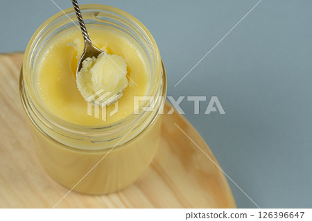Ghee Butter In A Glass Jar Copy Space for Text Ghee Butter In A Glass Jar Copy Space for Text 126396647