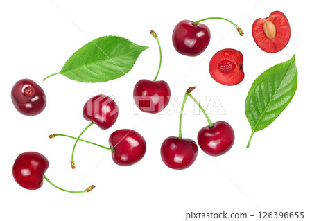 red sweet cherry isolated on white background . Top view. Flat lay red sweet cherry isolated on white background . Top view. Flat lay 126396655