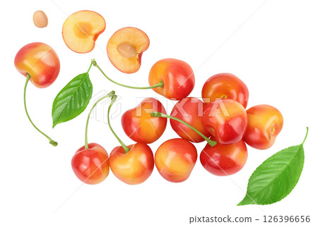 yellow-red sweet cherry isolated on white background . Top view. Flat lay yellow-red sweet cherry isolated on white background . Top view. Flat lay 126396656