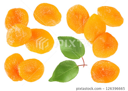 Dried apricots isolated on white background . Top view. Flat lay Dried apricots isolated on white background . Top view. Flat lay 126396665