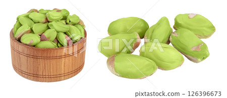 peeled pistachio in wooden bowl isolated on white background with  full depth of field 126396673
