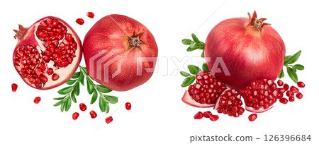 Pomegranate isolated on white background with full depth of field. Top view. Flat lay Pomegranate isolated on white background with full depth of field. Top view. Flat lay 126396684