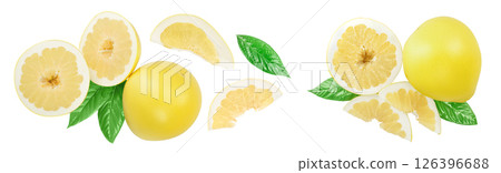 pomelo with slice and leaf isolated on white background with full depth of field. Top view. Flat lay. pomelo with slice and leaf isolated on white background with full depth of field. Top view. Flat lay. 126396688