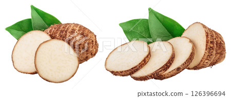 fresh taro root with slices and leaf isolated on white background 126396694