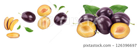 fresh purple plum and half with leaves isolated on white background. Top view. Flat lay 126396697