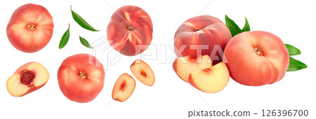 Ripe chinese flat peach fruit and half with leaf isolated on white background. Top view. Flat lay 126396700