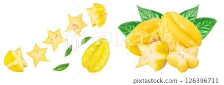 Carambola or star-fruit isolated on white background with copy space for your text. Top view. Flat lay 126396711