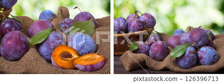 plum on the sackcloth with blurred background 126396713