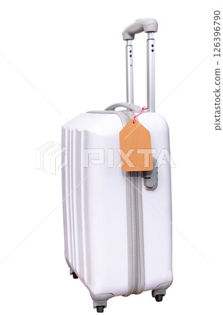 white suitcase bag with blank luggage tag with copy space isolated on white background with clipping path 126396790