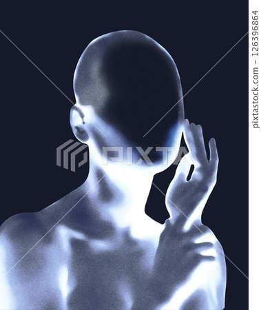 Conceptual artwork. Luminous figure touching face in thoughtful gesture, cool glow outlines body in deep tones, fading contours. Textured noise effect. Conceptual artwork. Luminous figure touching face in thoughtful gesture, cool glow outlines body in deep tones, fading contours. Textured noise effect. 126396864