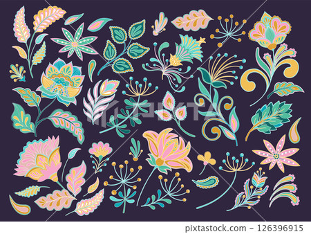 Jacobean Floral Paisley Clipart Set, Pink Neon Botanical Decorative Elements. Vector Fantasy Flowers and Leaves, Ethnic Ornaments for Textile, Fabric, Wallpaper, Decoupage, Boho Isolated Design Jacobean Floral Paisley Clipart Set, Pink Neon Botanical Decorative Elements. Vector Fantasy Flowers and Leaves, Ethnic Ornaments for Textile, Fabric, Wallpaper, Decoupage, Boho Isolated Design 126396915