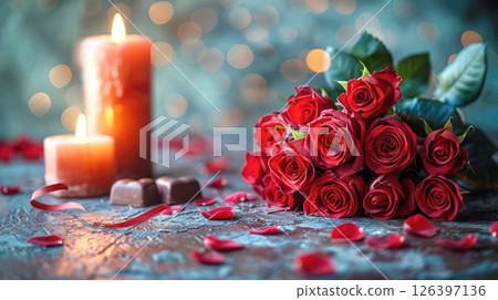 A background with bouquet of red roses, candles, heart shaped chocolates, petals. A background with bouquet of red roses, candles, heart shaped chocolates, petals. 126397136