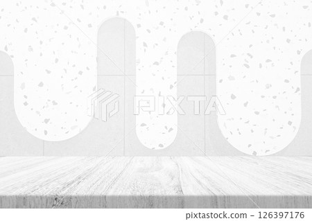 Empty Table with White Terrazzo Tile Wall in Show Shape Background 126397176