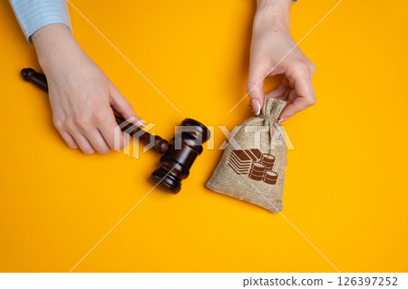 Money bag and judge's hammer. Penalty for a crime and offense. Financial punishment. Violations of traffic laws. Fraud. Fine, penalization, mulct. Gavel Money bag and judge's hammer. Penalty for a crime and offense. Financial punishment. Violations of traffic laws. Fraud. Fine, penalization, mulct. Gavel 126397252