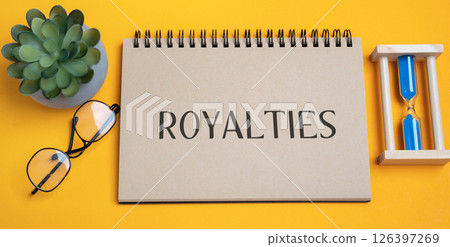 Royalties word in notes concept. Payments made to the owner of a particular asset or intellectual property (patent, copyright, trademark, or natural resource) for the use or exploitation of that asset Royalties word in notes concept. Payments made to the owner of a particular asset or intellectual property (patent, copyright, trademark, or natural resource) for the use or exploitation of that asset 126397269