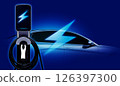Concept of Power cable pump plug in charging power to electric vehicle EV car with icon save the world. 126397300