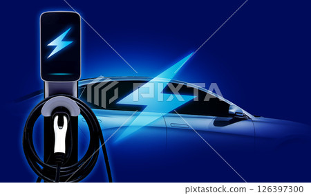 Concept of Power cable pump plug in charging power to electric vehicle EV car with icon save the world. Concept of Power cable pump plug in charging power to electric vehicle EV car with icon save the world. 126397300