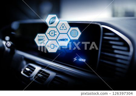 Electric car display screen that is showing the display of electric charging. 126397304