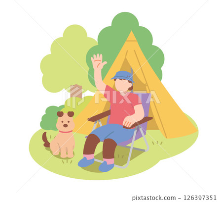 一位女士和她的狗坐在大自然的露營椅上 126397351