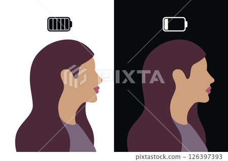 mental health happy and sad woman with full and empty battery vector illustration 126397393