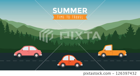 cars drive on the road in mountain landscape vector illustration 126397432