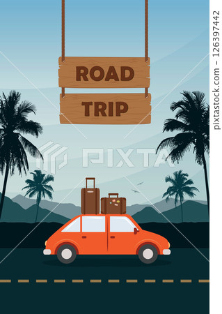 road trip adventure car on tropical landscape vector illustration 126397442