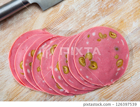 Slices of Mortadella with olives 126397539