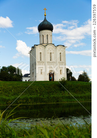 Summer landscape with Intercession Church on Nerl river in Bogolyubovo, Russia 126397559