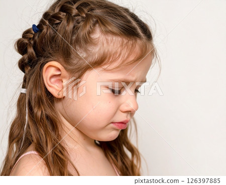 Portrait of a crying Caucasian girl (white background) Portrait of a crying Caucasian girl (white background) 126397885