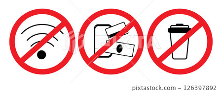 WiFi sign Phone, Card or Cash Payment and Disposable cup Minimalist Icons under Prohibition sign Set 126397892