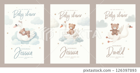 Watercolor baby shower invitation set. Greeting card with sleeping teddy bear on goose, swan among clouds. 126397893