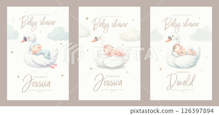Watercolor baby shower invitation set. Greeting card with sleeping newborn baby on goose, swan among clouds. 126397894