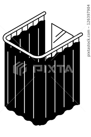 Simple and cute isometric line drawing illustration of a fitting room separated by a curtain 126397984