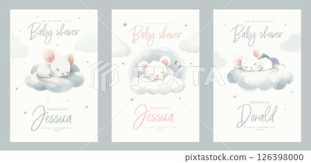 Watercolor baby shower invitation set. Greeting card with sleeping little mouse on cloud. Watercolor baby shower invitation set. Greeting card with sleeping little mouse on cloud. 126398000