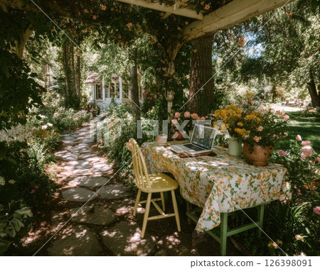 Laptop on Floral Tablecloth in a Sunlit Garden Laptop on Floral Tablecloth in a Sunlit Garden 126398091