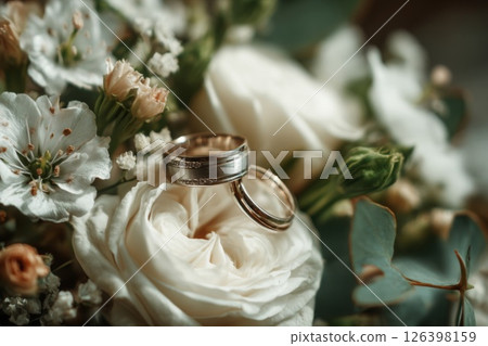 Wedding Rings Resting on a White Rose Bouquet 126398159