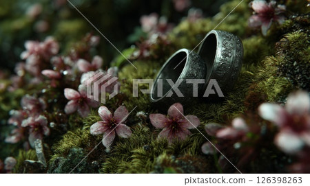 Textured Silver Rings Among Pink Flowers and Moss 126398263
