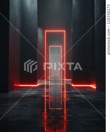 Dark Corridor With Glowing Red Neon Lights Dark Corridor With Glowing Red Neon Lights 126398273