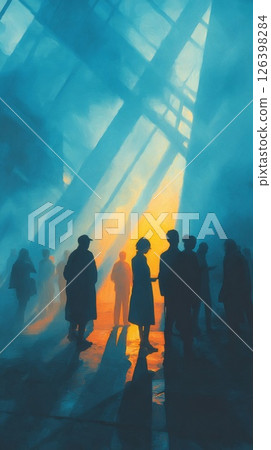 Silhouetted Figures in a Blue Industrial Space 126398284